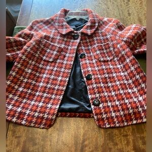 Banana Republic Orange Red and Black Houndstooth Teddy Jacket.